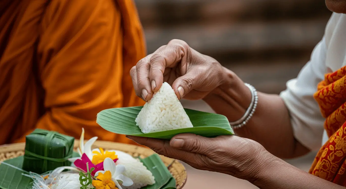 A photo showing multiple generations of a Cambodian family making offerings together during the Pchum Ben holiday.