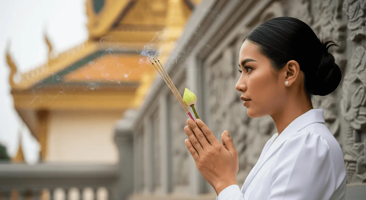 A close-up shot of a Cambodian's hands making an intimate offering at a pagoda during a holiday.