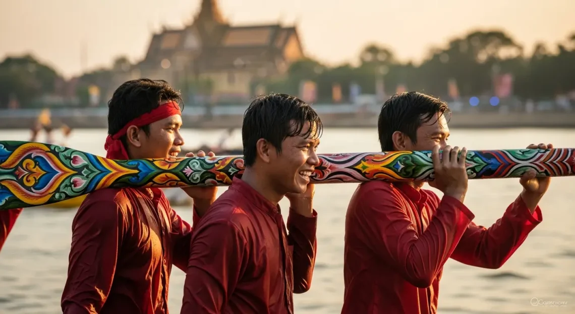 Joyful boat racing team at Cambodia's Bon Om Touk (Water Festival), a major event in the national holiday guide.