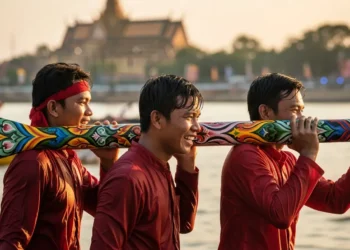 Joyful boat racing team at Cambodia's Bon Om Touk (Water Festival), a major event in the national holiday guide.