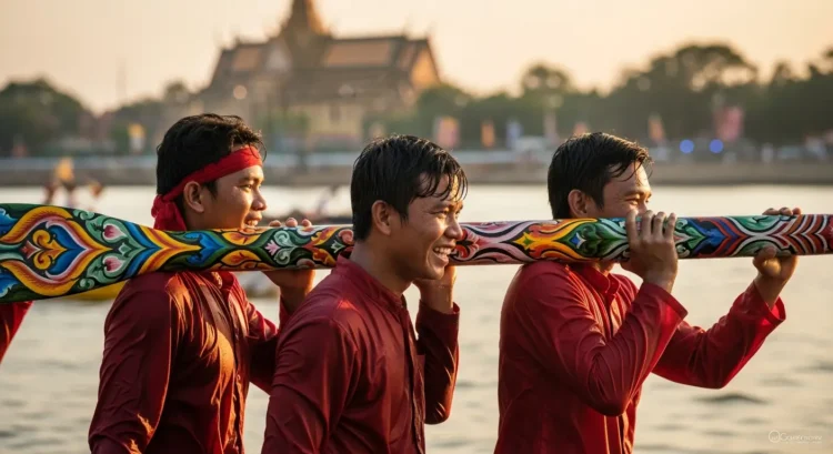 Joyful boat racing team at Cambodia's Bon Om Touk (Water Festival), a major event in the national holiday guide.