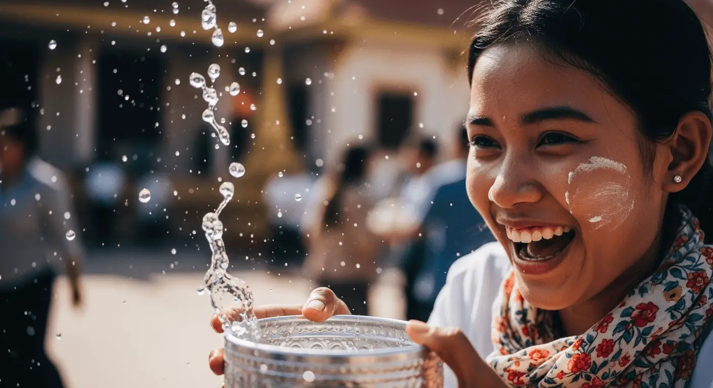 A young Cambodian smiling and celebrating with water during the Khmer New Year festival.