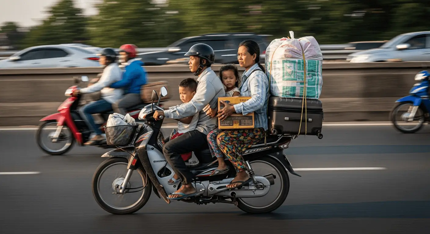 A large crowd of locals with luggage at a transport hub, showing the massive migration during a holiday in Cambodia.