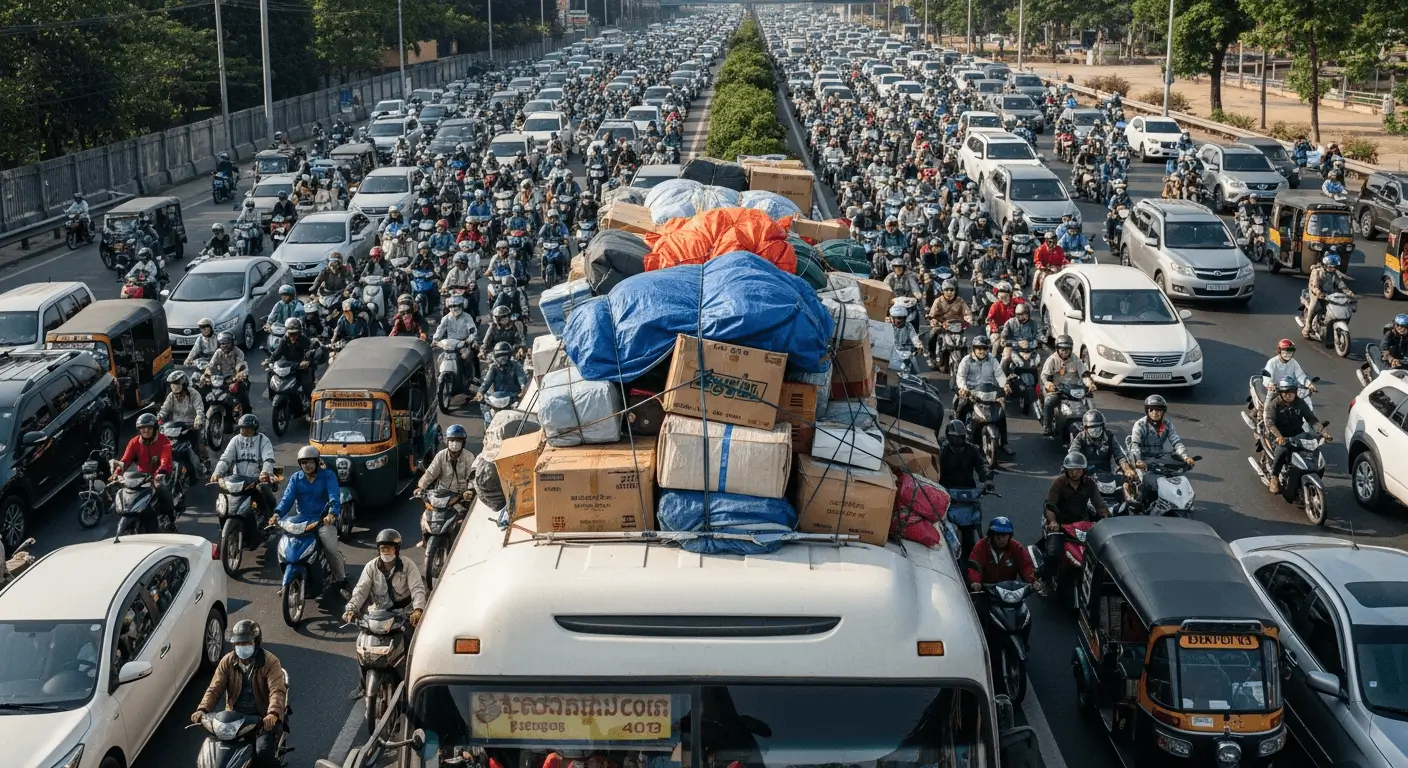 A photo of a severe traffic jam in Cambodia during a public holiday, showing the mass migration.
