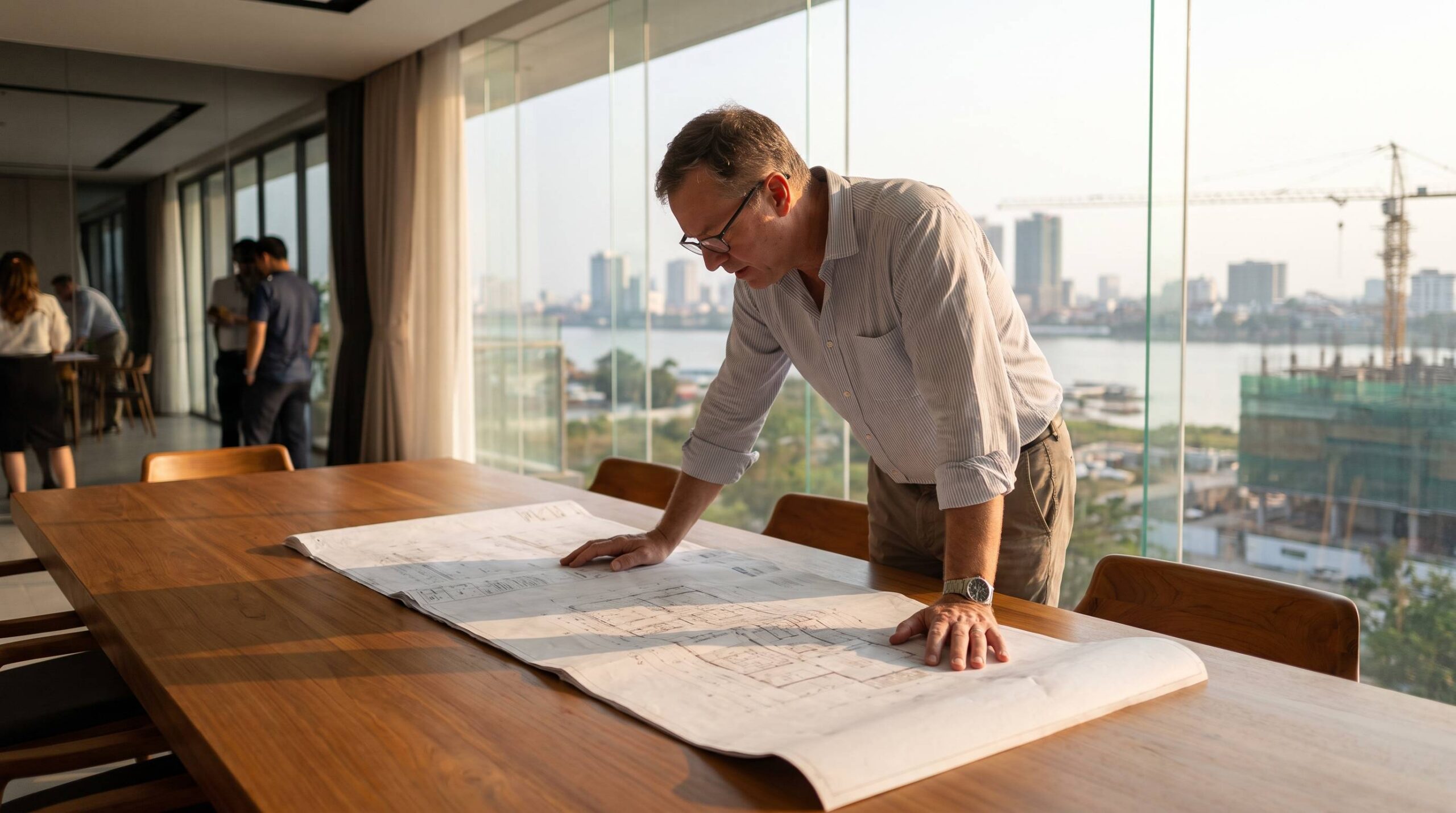 Man studying building plans on a table in an office overlooking construction cranes