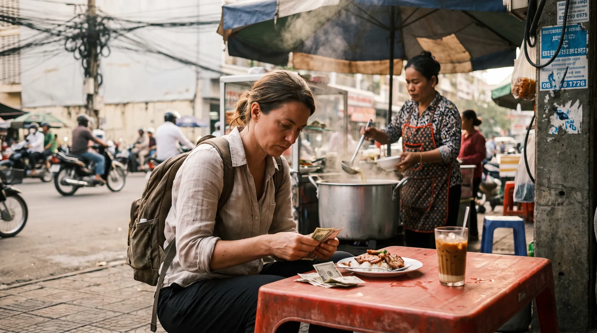 Woman eating at a Phnom Penh street-food stall with motorbikes passing behind