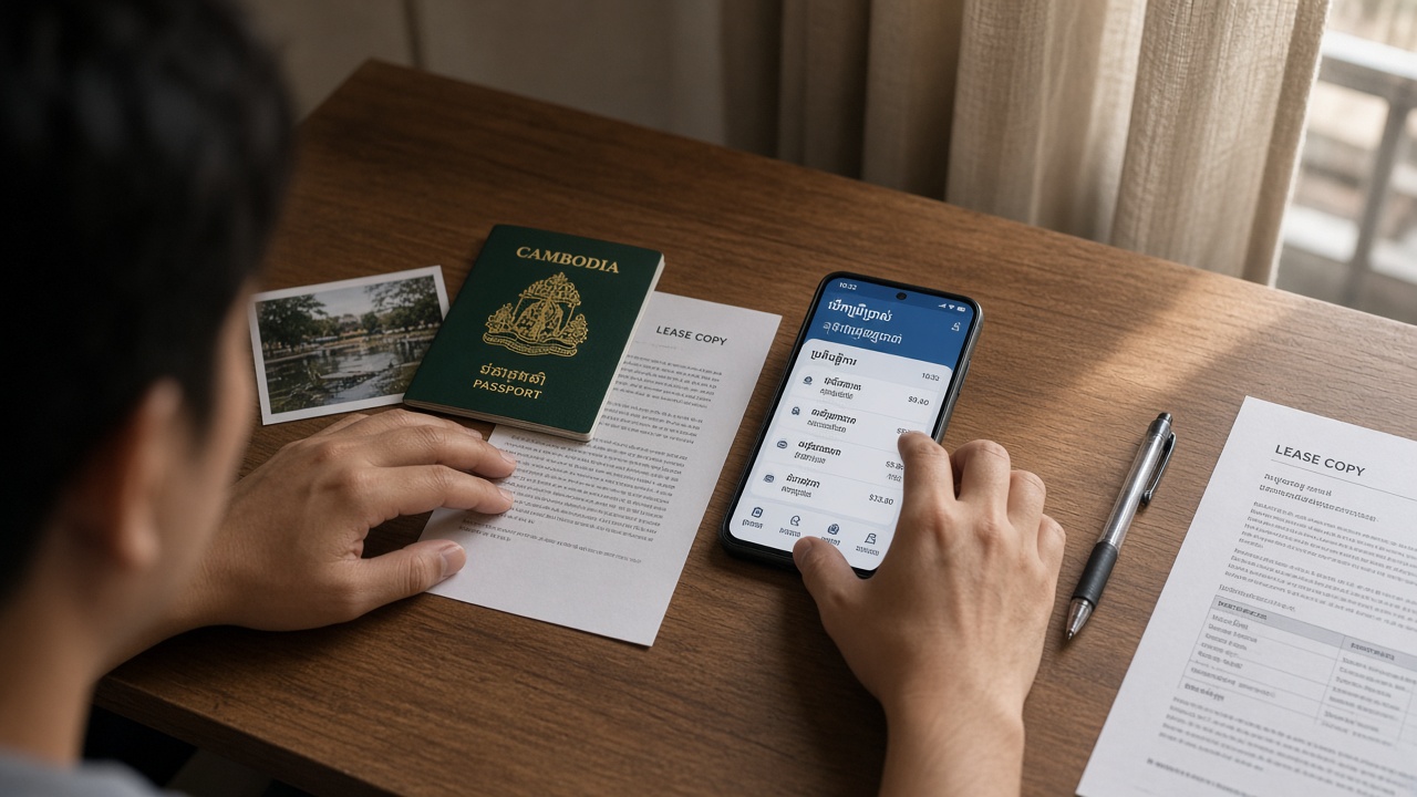 Hands arranging passport, lease copy, and phone for Cambodia residency paperwork