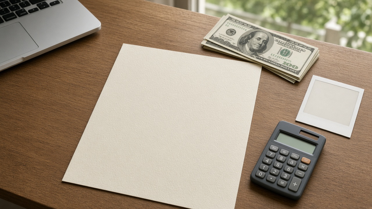 Blank budget sheet, calculator and USD notes on a wooden desk
