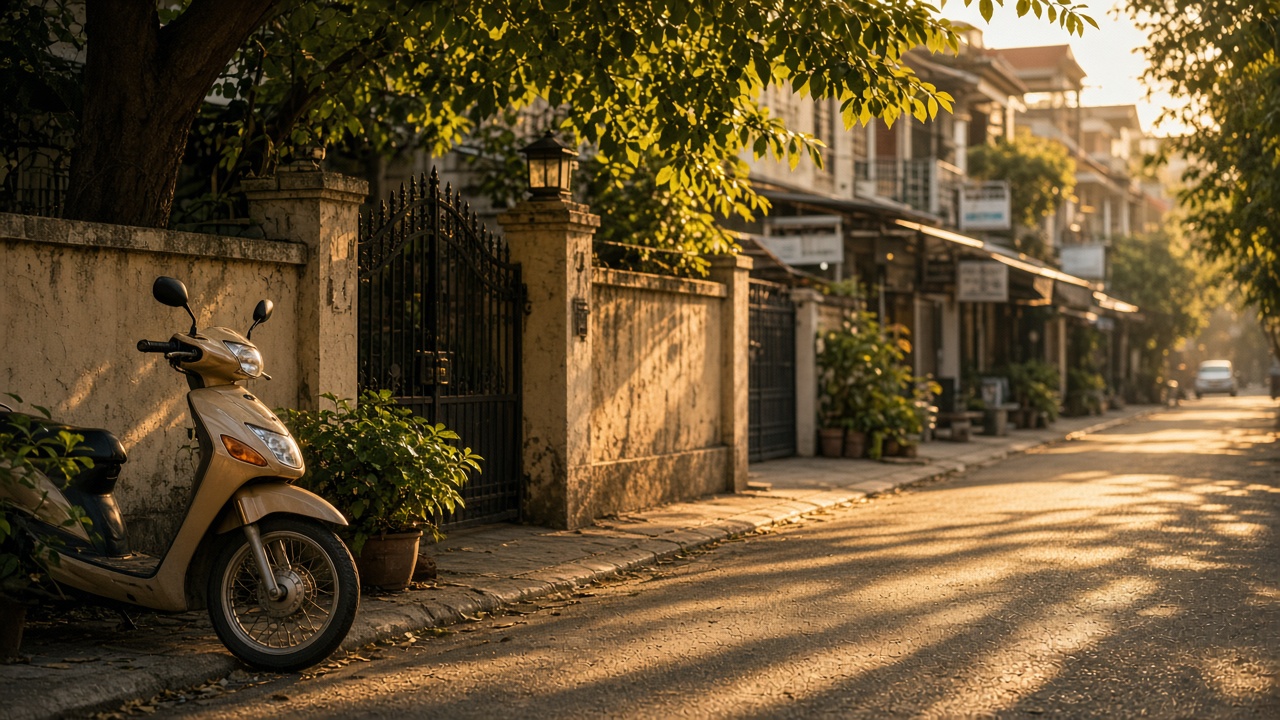 Parked scooter on a quiet tree-lined Phnom Penh residential street