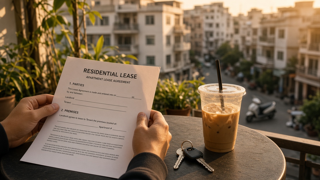 Hands reviewing a lease and keys on a balcony overlooking apartments