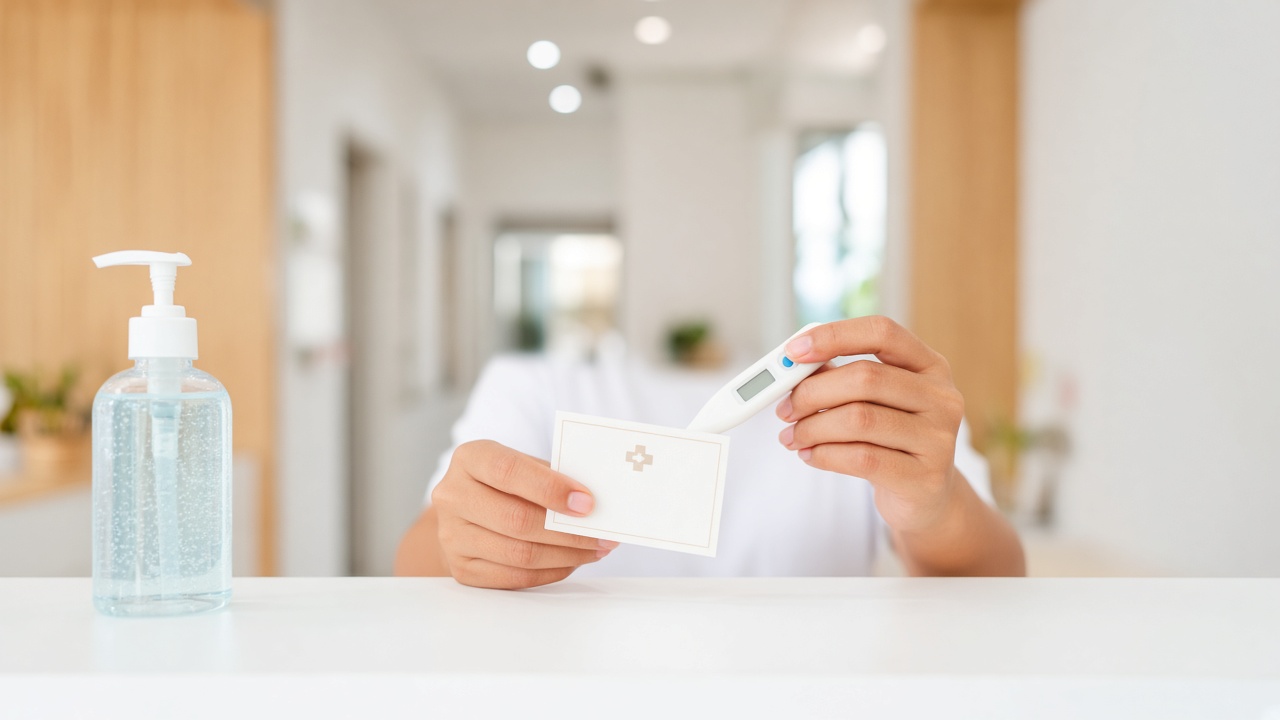 Hands with clinic card and thermometer on a reception counter