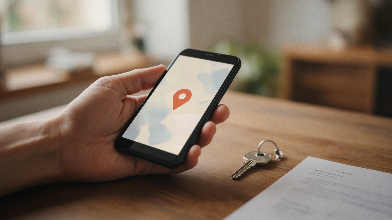 Phone map pin with house keys on a wooden table
