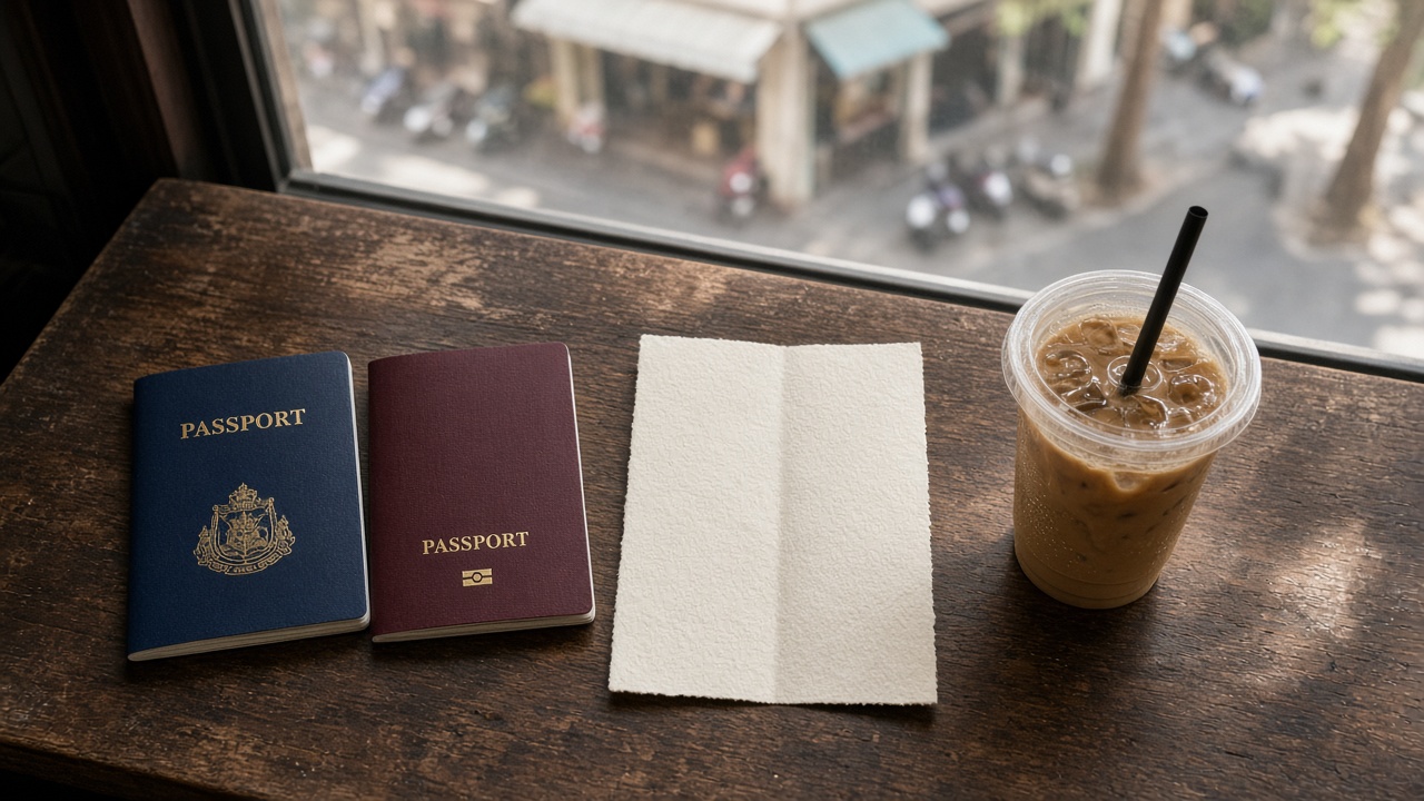 Two closed passports and iced coffee on a café table