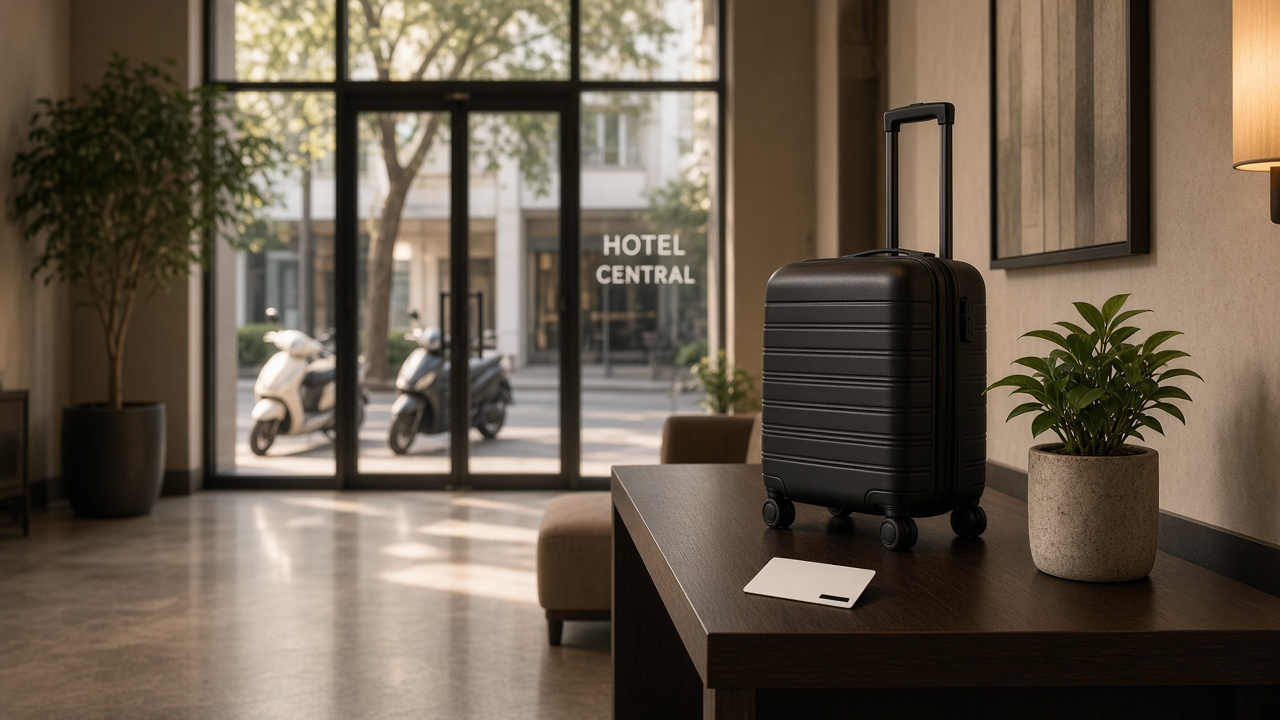 Carry-on suitcase and hotel key card on a lobby side table