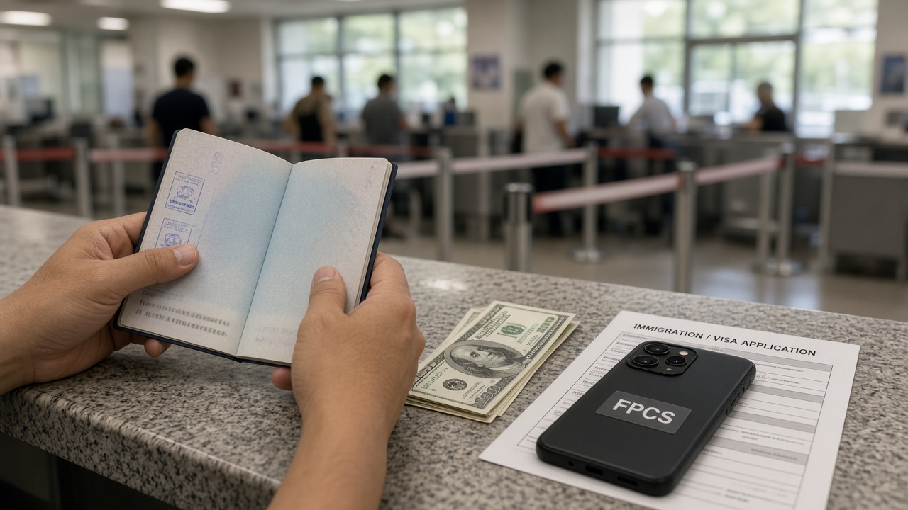 Hands with passport and cash at an immigration waiting counter