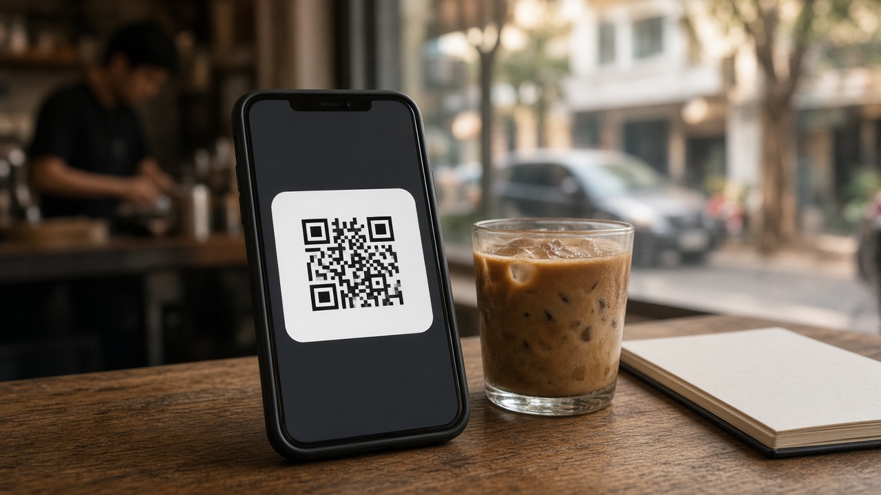Smartphone QR payment screen with iced coffee on a café counter