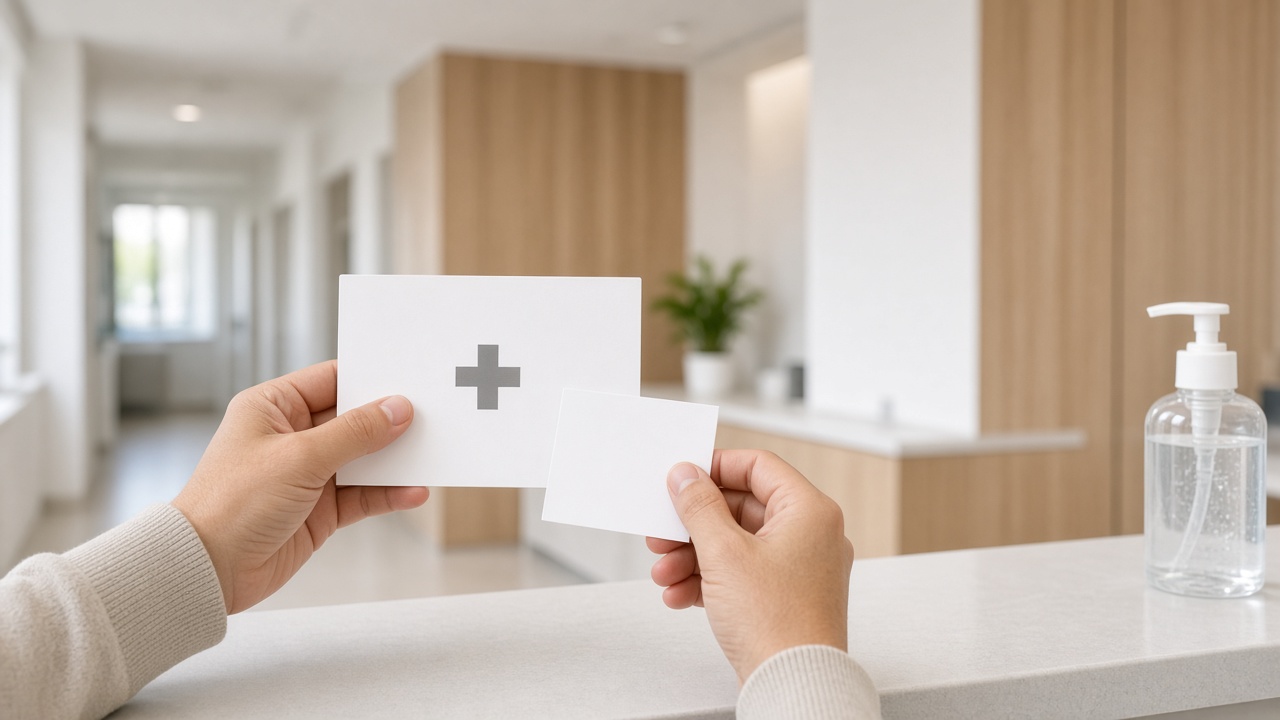 Hands holding a medical card and blank slip at a clinic counter