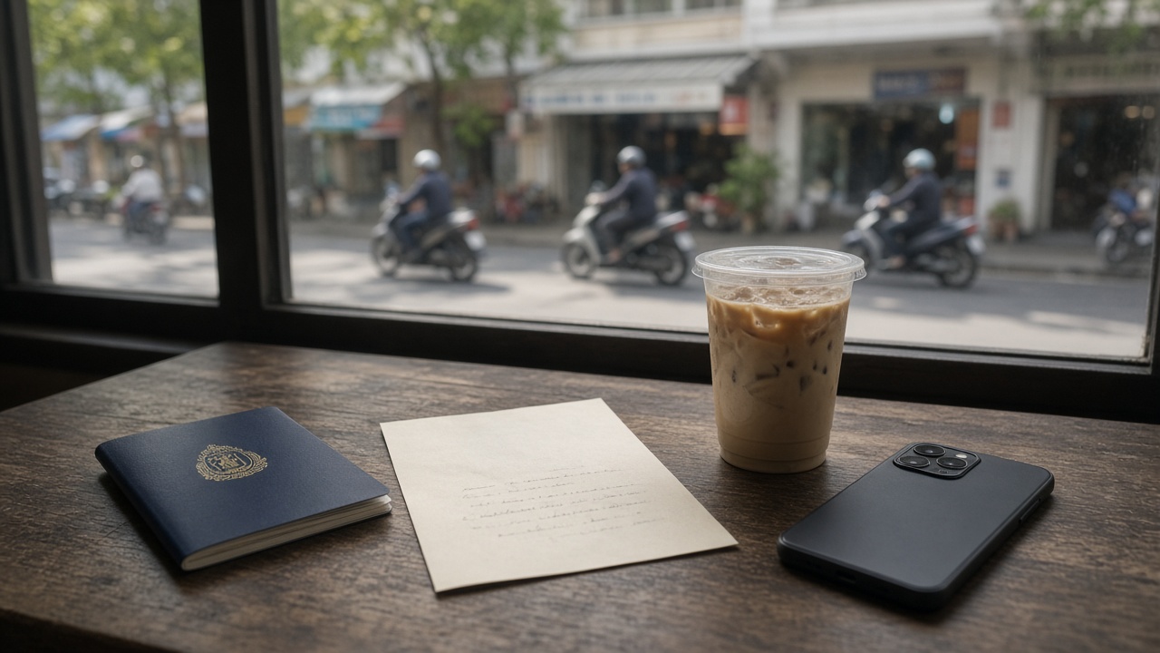 Closed passport, papers, iced coffee and phone on a Phnom Penh café table