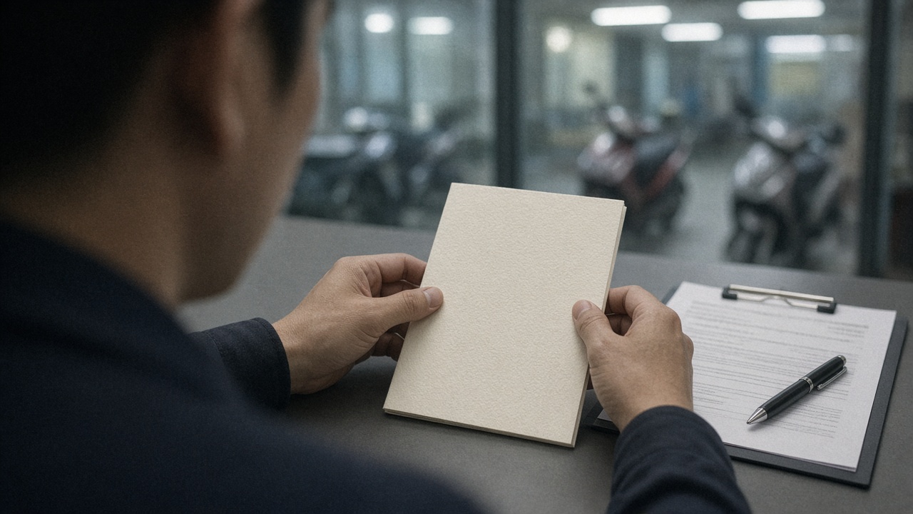 Hands reviewing a labor booklet and employment papers on an office desk