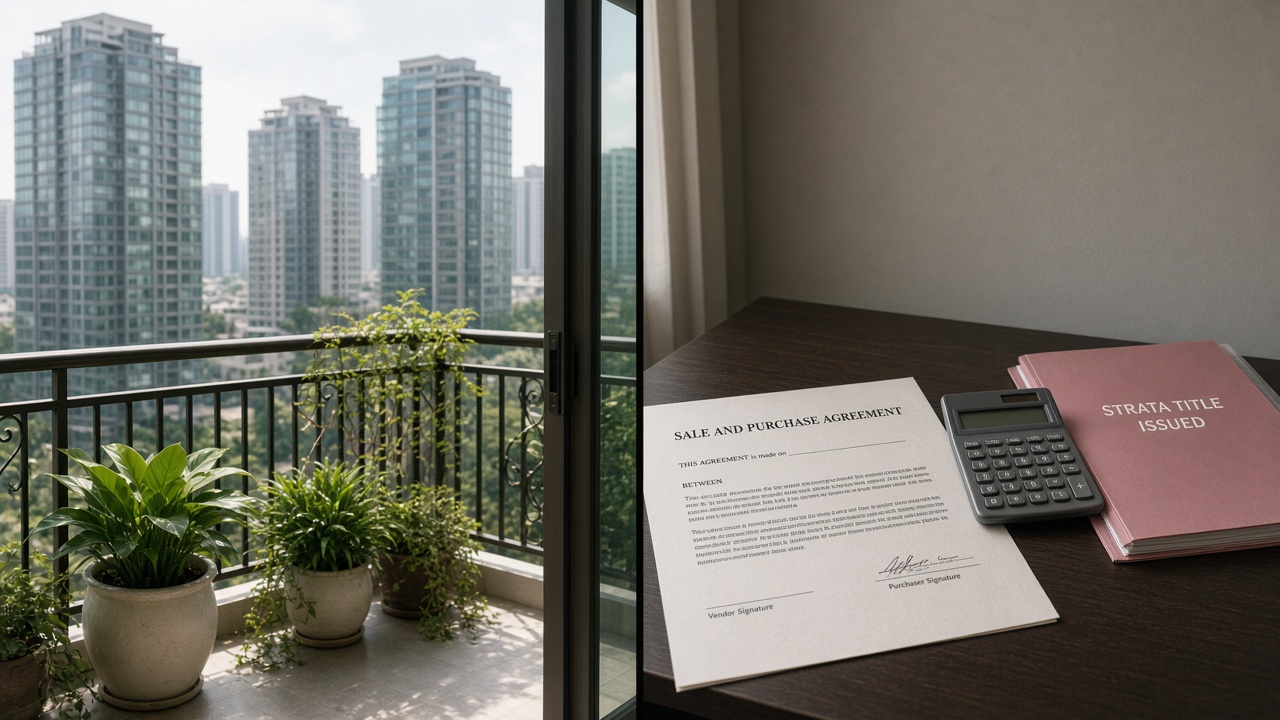 Finished Phnom Penh condo balcony beside a desk with sale contract and Strata Title folder