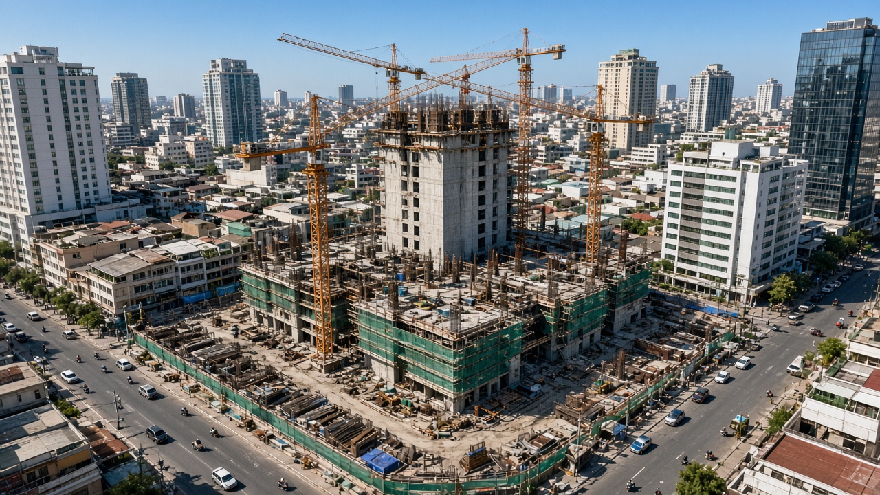 Aerial view of a Phnom Penh high-rise construction site with cranes and concrete core