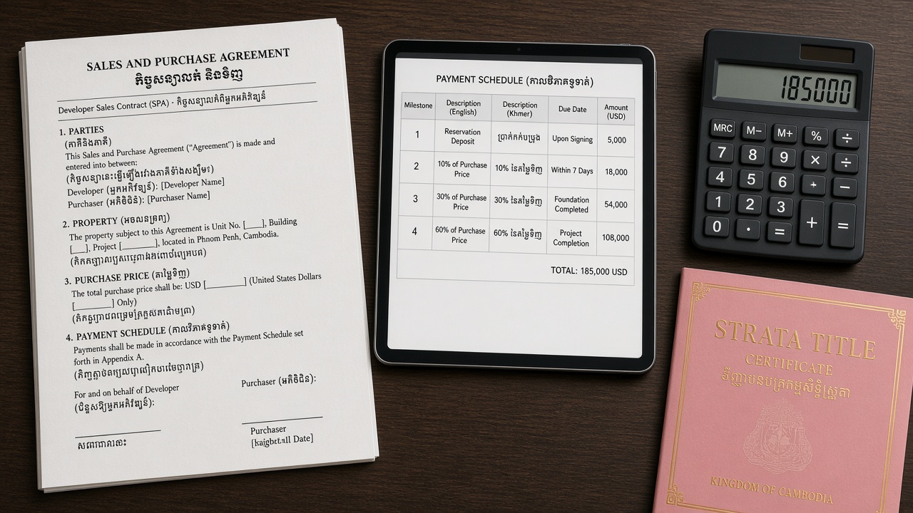 Flat-lay of Cambodia condo SPA, payment schedule tablet, calculator, and Strata Title folder
