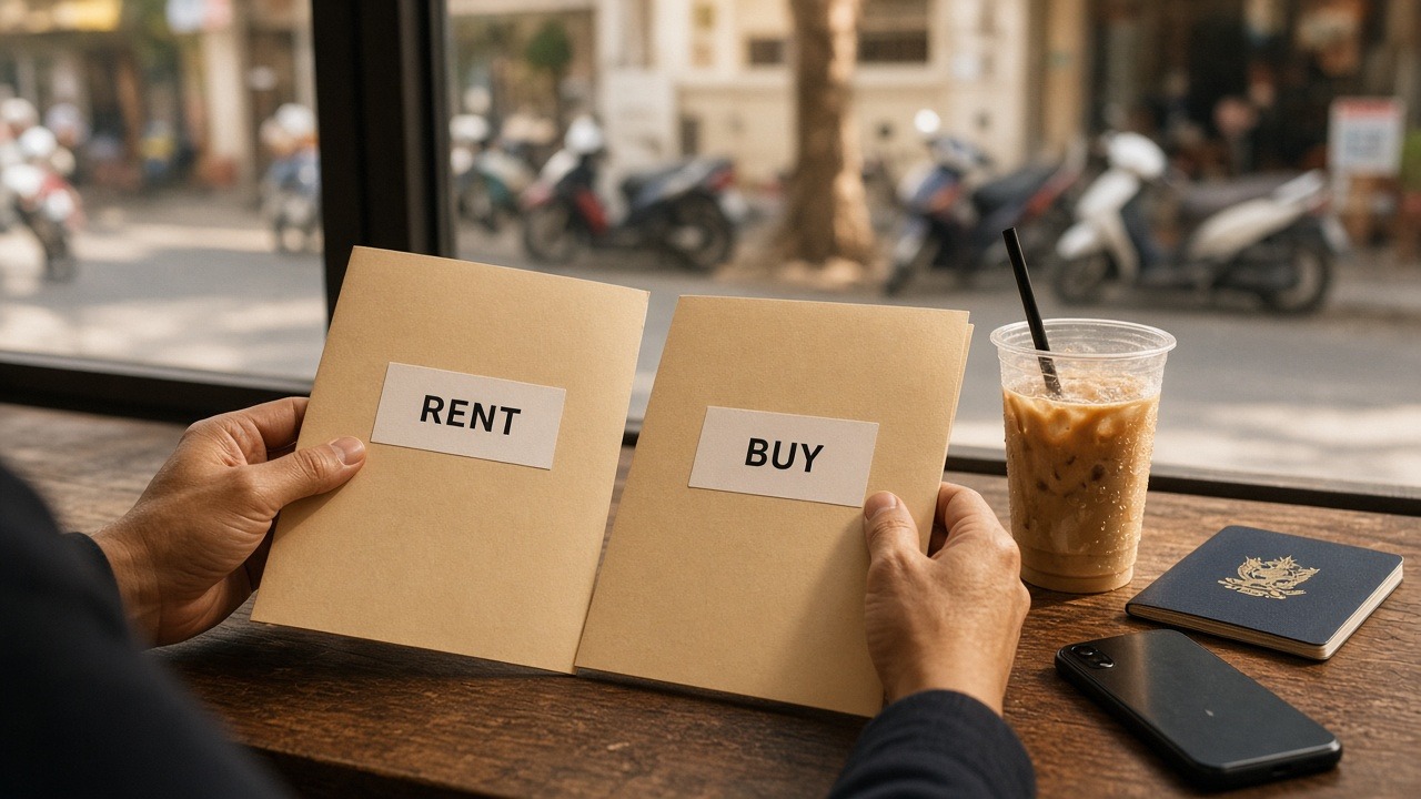 Hands holding two folders labelled Rent and Buy beside an iced coffee and passport at a café window