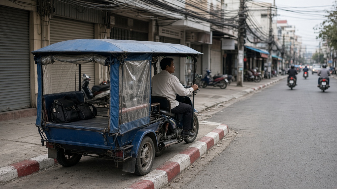 Blue-canopy remork tuk-tuk waiting at a Phnom Penh curb in light morning traffic