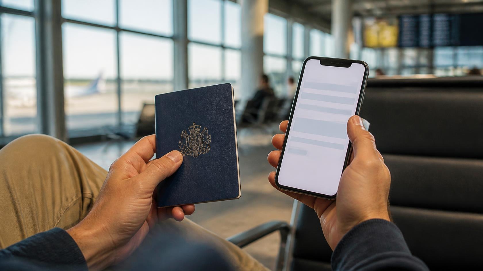 Traveller holding a passport and phone in an airport lounge before filling in the Cambodia e-Arrival card