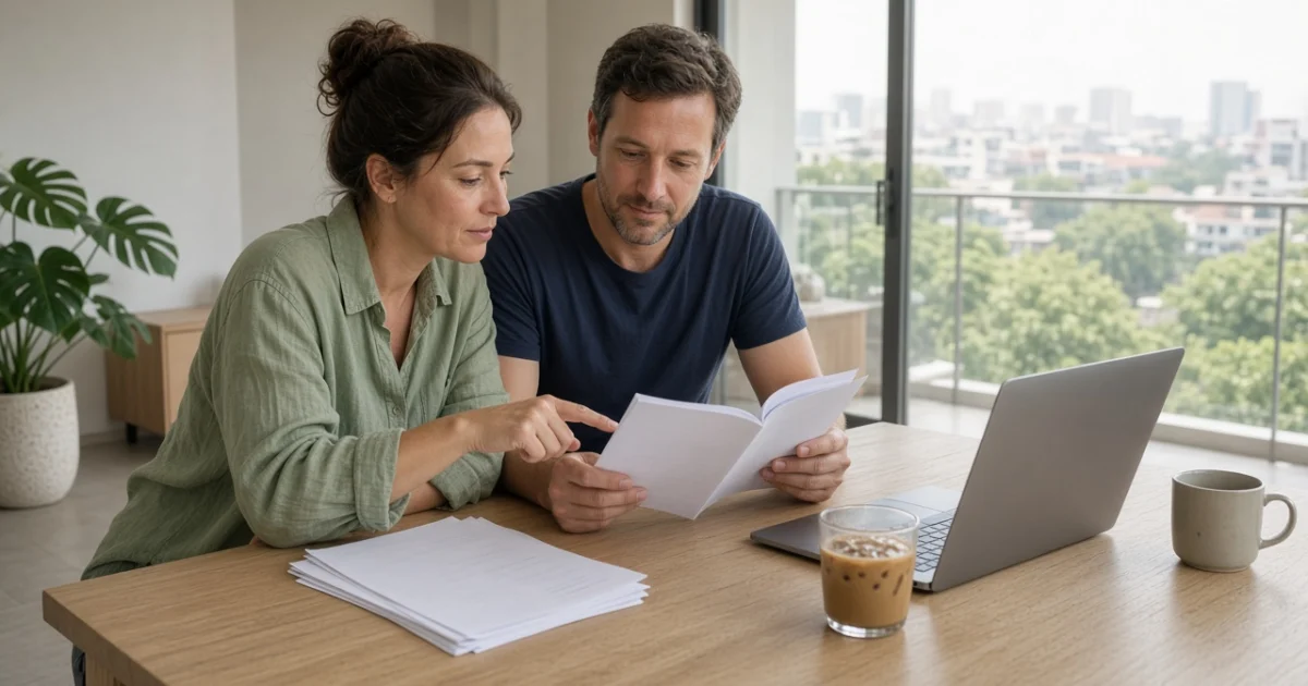 Expat couple comparing health insurance policies at home in Phnom Penh.