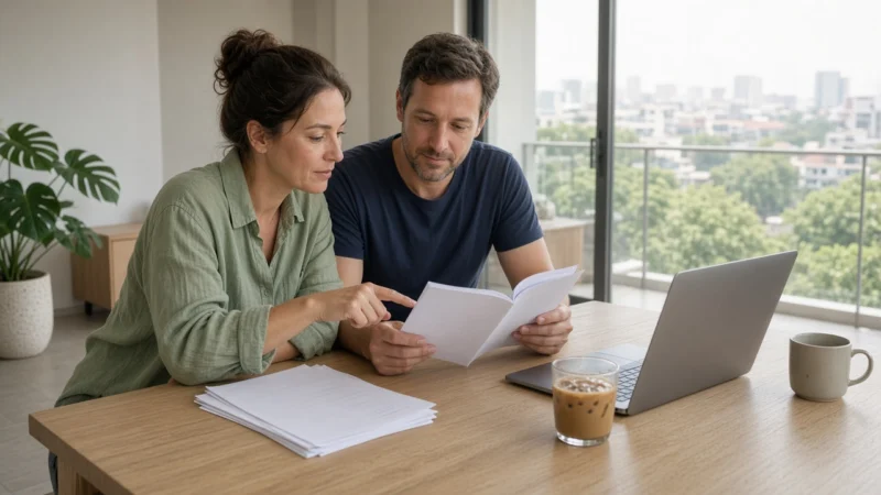 Expat couple comparing health insurance policies at home in Phnom Penh.