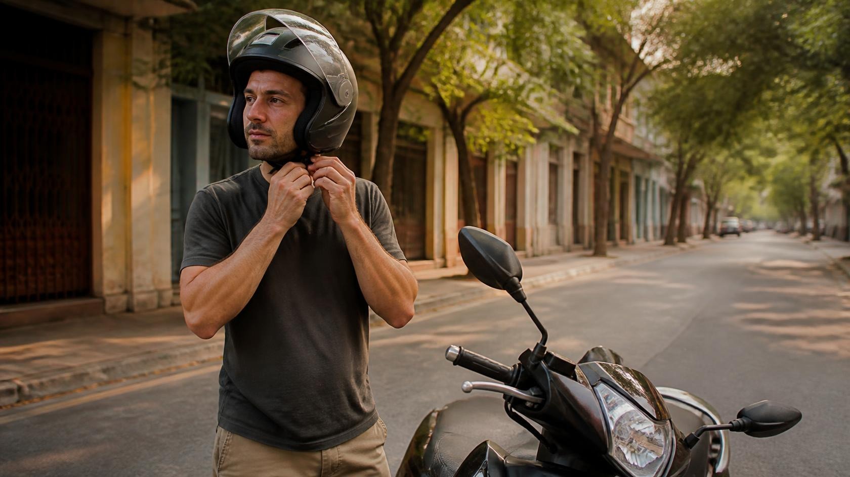 Expat fastening a full-face helmet beside a scooter on a quiet tree-lined street in Cambodia