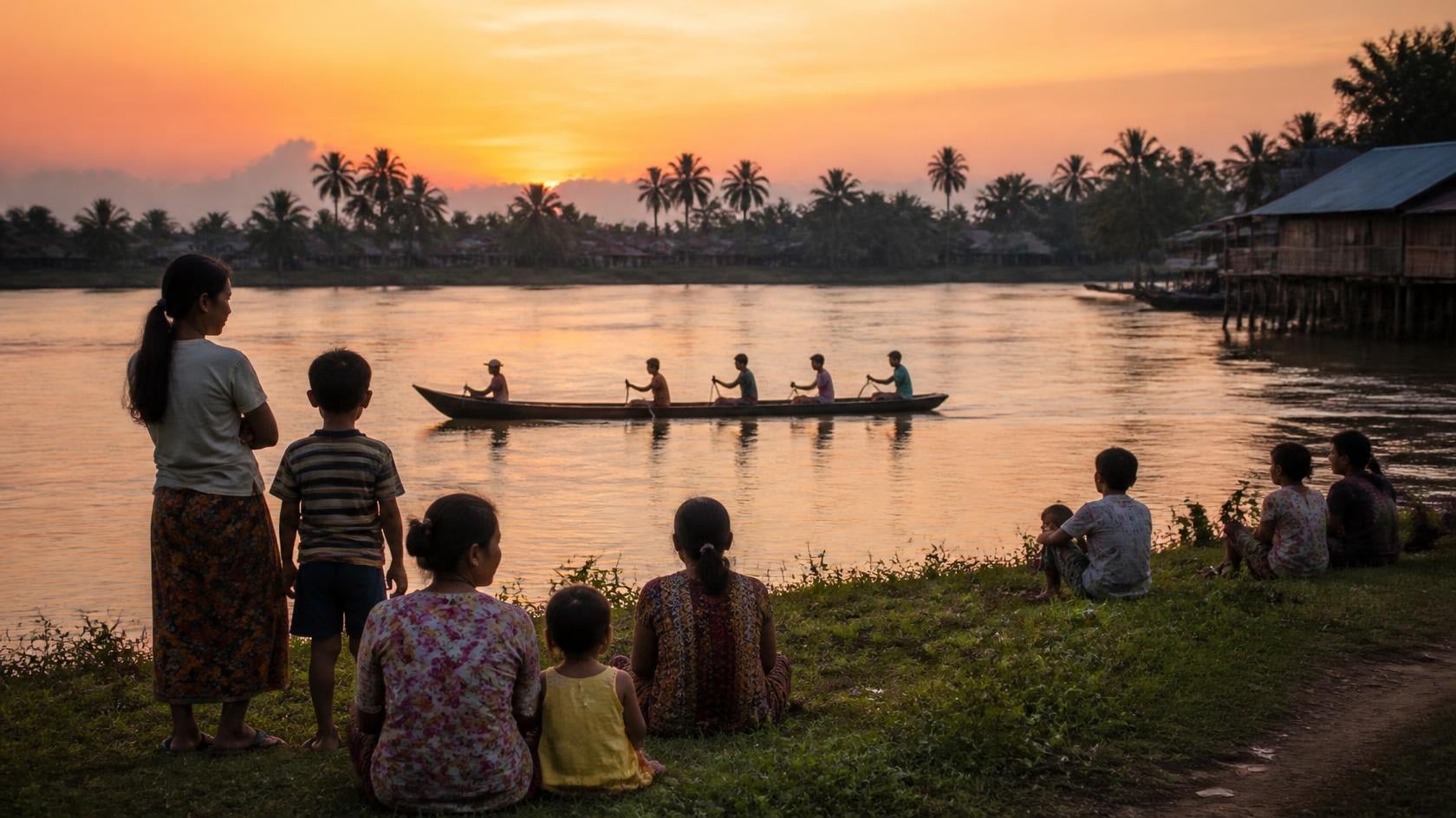 Local families on a riverbank watching a wooden long-tail boat crew row at dusk during Cambodia's Water Festival (Bon Om Touk)
