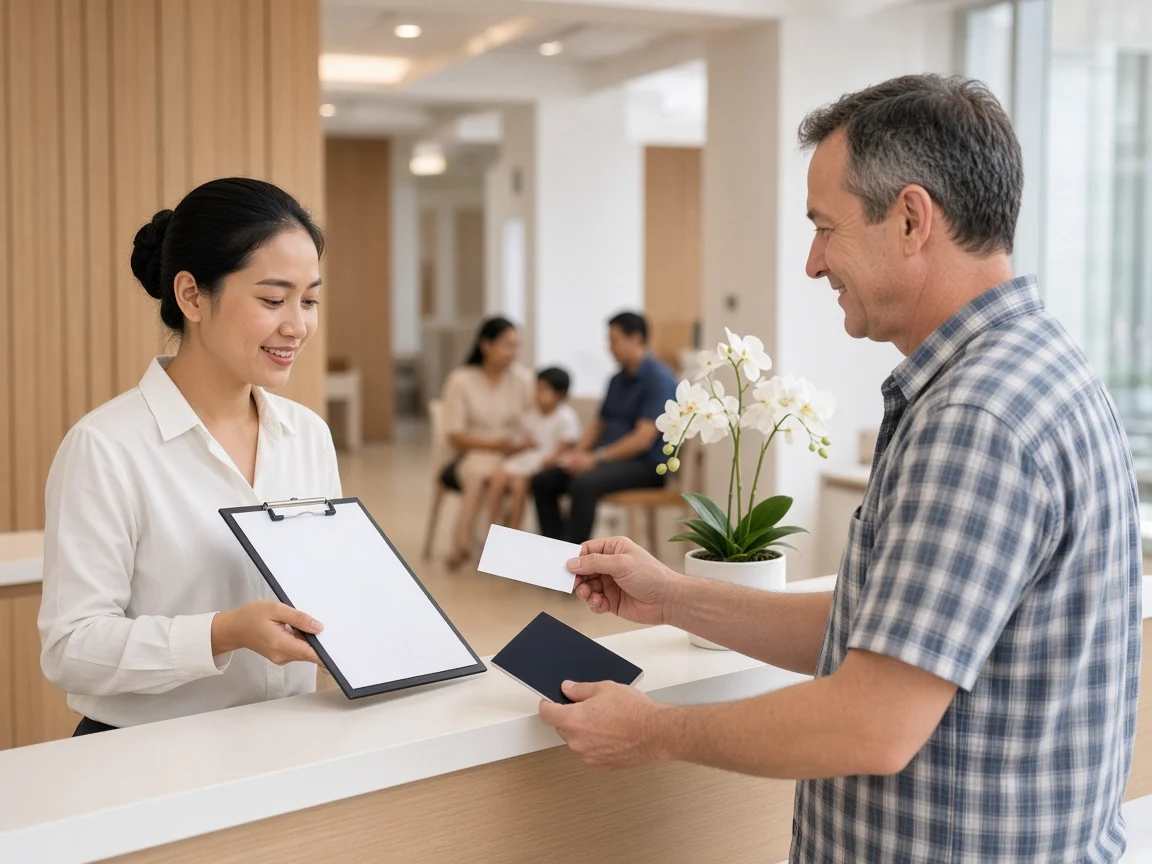 Expat patient handing his insurance card to a hospital billing desk in Phnom Penh.