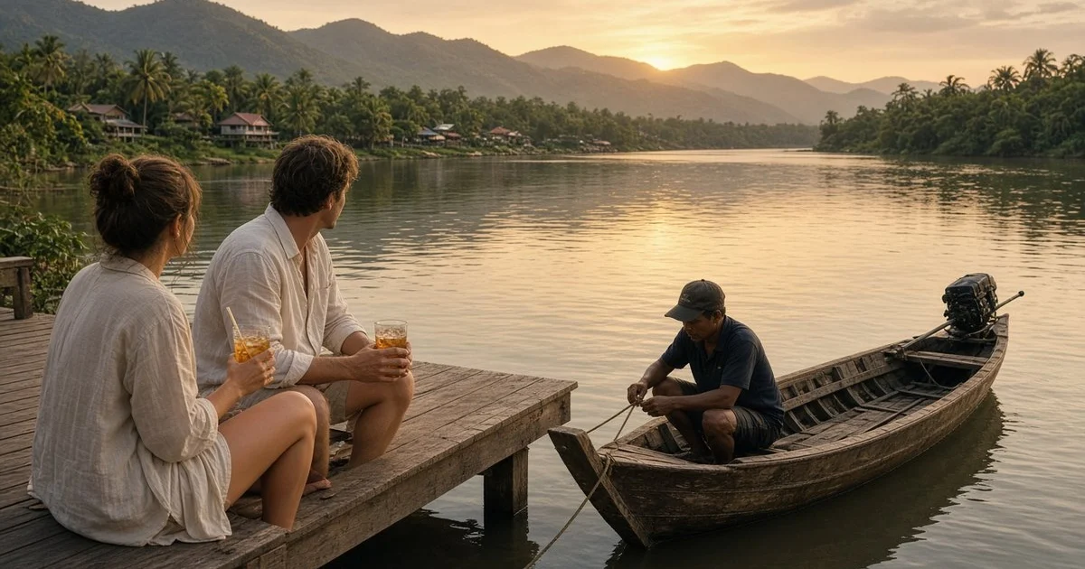 Couple relaxing by the river in Kampot at dusk on a long weekend.