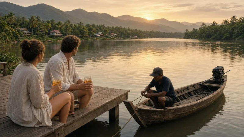 Couple relaxing by the river in Kampot at dusk on a long weekend.